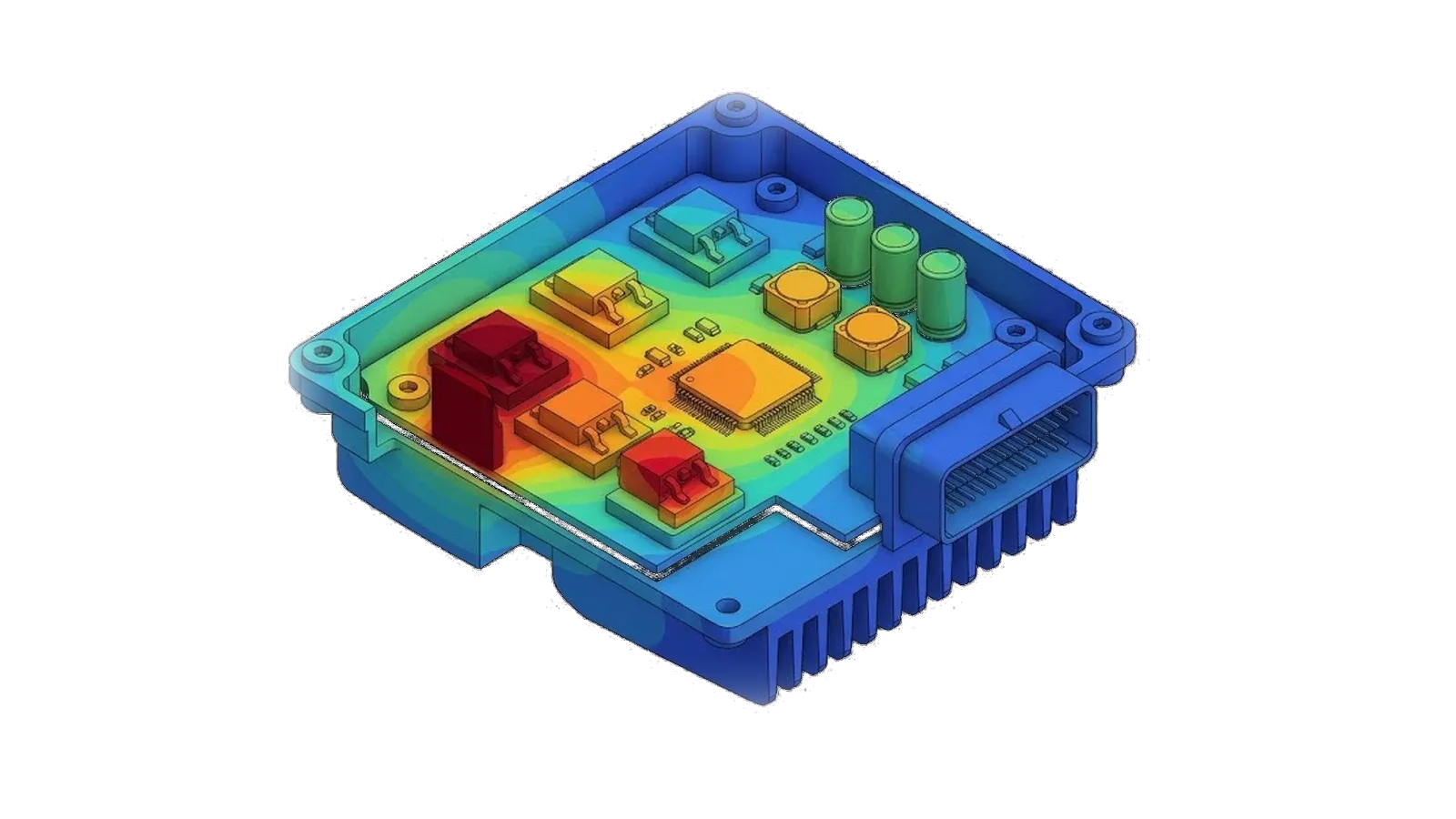 Thermische Simulation eines Steuergeräts – Temperaturfeld mit Hotspot am Leistungshalbleiter