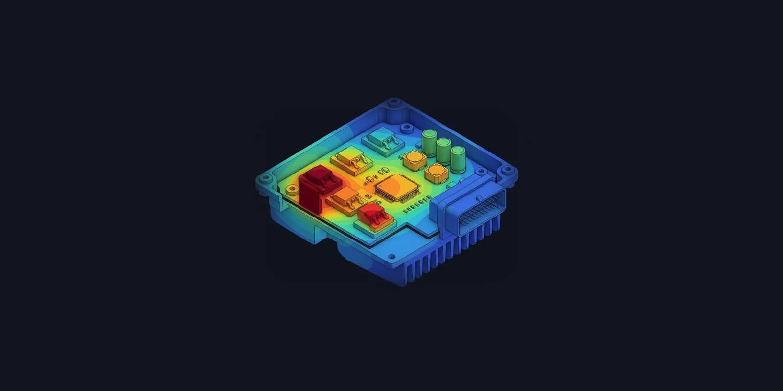 Thermische Simulation eines Steuergeräts – Temperaturfeld mit Hotspot am Leistungshalbleiter